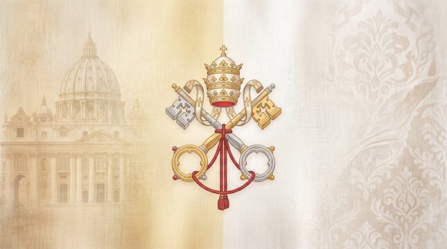 Papal tiara and crossed keys emblem with st. Peter's basilica