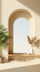 Fototapeta premium Minimalist Interior with Arched Window and Potted Plants