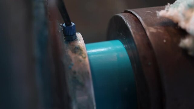 Close-up machinery manufactures blue PVC water pipe by extrusion