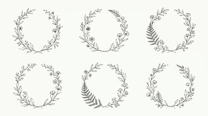 Fototapeta premium Collection of six floral wreath illustrations.