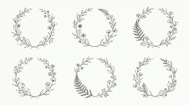 Collection of six floral wreath illustrations.