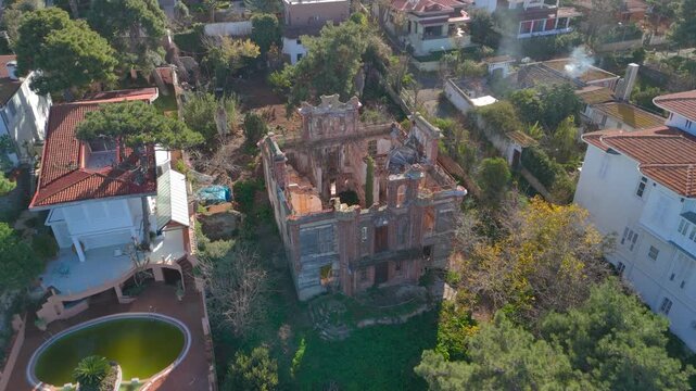 Istanbul, Adalar, Turkey, Princes' Islands. Aerial view of the destroyed house of Trotsky. Popular tourist pilgrimage site.