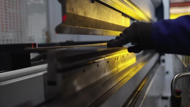 Fabrication worker loads sheet steel into bending machine, gold light