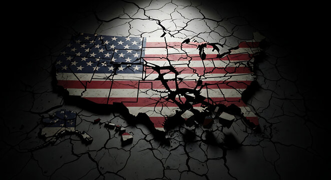 A cracked and crumbling map of the United States overlaid with the American flag, symbolizing national division and decay.