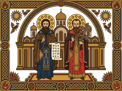 Saint cyril and methodius icon with slavic alphabet scroll religious cultural heritage concept