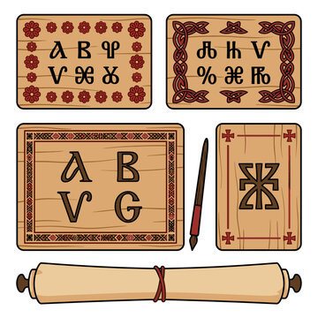 Wooden tablets with glagolitic letters and decorative carving ancient slavic writing system concept