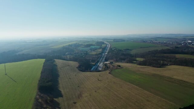 High altitude aerial drone shot of czech highway mountain tunnel