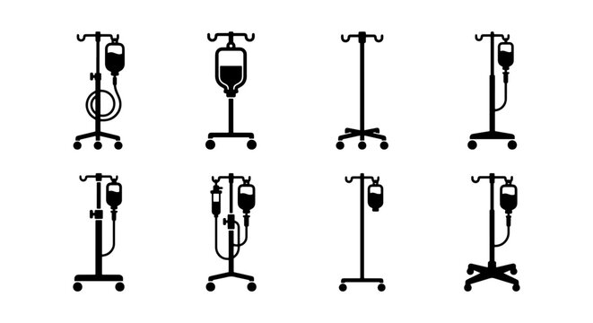 Medical IV drip stand icons set, black silhouette intravenous infusion pole collection, hospital saline bag equipment vector graphics