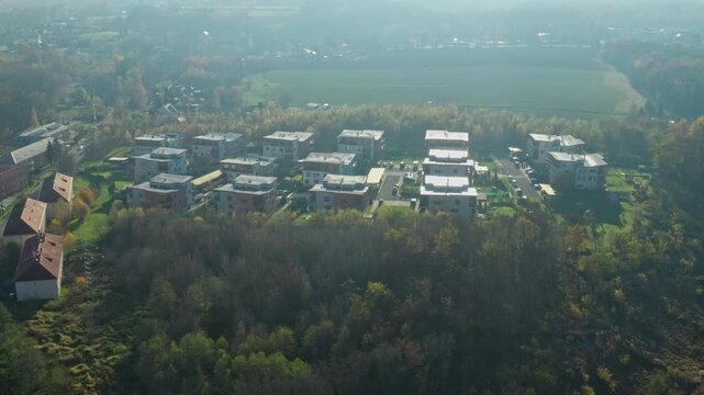 Aerial rotating drone shot over small satelite village in czech republic