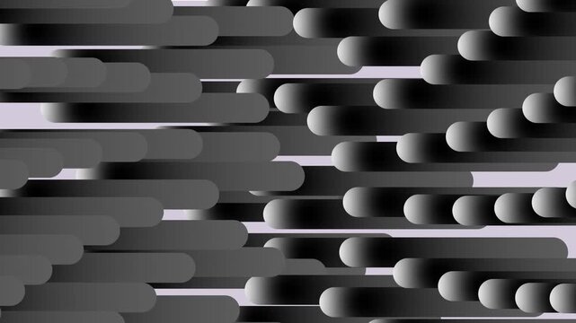 Abstract dark motion background with animated rounded bars moving horizontally in staggered pattern. Sleek monochrome design with grey gradient. Perfect for corporate, tech, broadcast, title overlay.