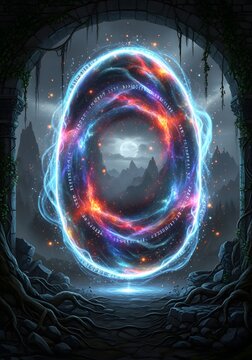 Vibrant multicolored swirling energy portal glowing brightly with neon hues of blue, pink, purple, and orange, set against a mystical dark fantasy landscape with eerie moonlit mountains, mys