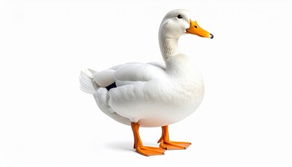 Fototapeta premium Elegant white swan bird isolated on a pure white background, graceful waterfowl portrait, beautiful nature animal photography, wildlife subject.