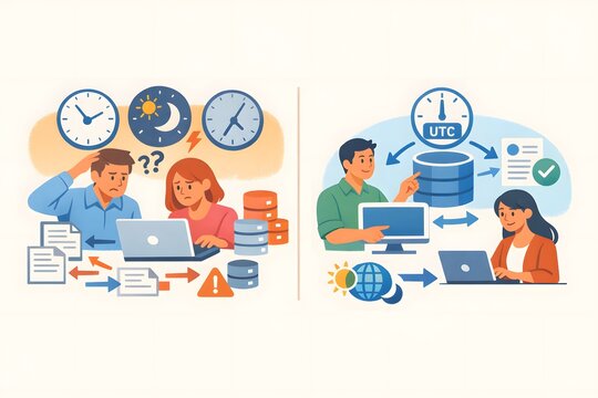 UTC Timestamp Standardization Concept &ndash; Fix Data Inconsistency Issues &ndash; Clean Workflow Diagram PNG