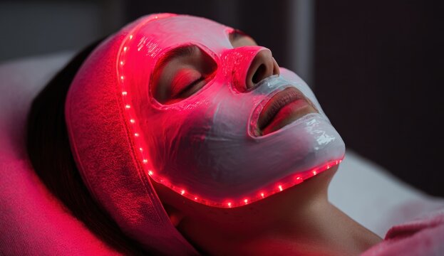Woman receiving led light therapy treatment on face with red and white light mask, relaxing in a wellness or skincare setting