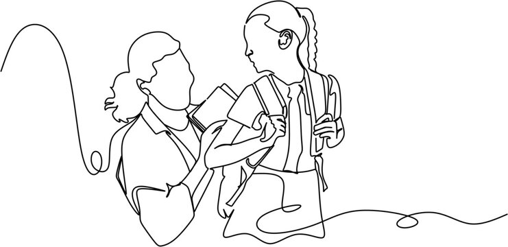 Continuous line drawing of a mother helping daughter get ready for school.
