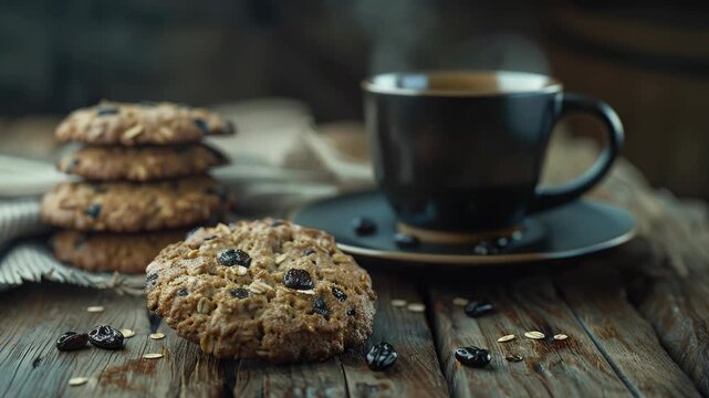 A cozy scene with a cup of coffee and oatmeal cookies, ideal for food or advertising related to morning meals.