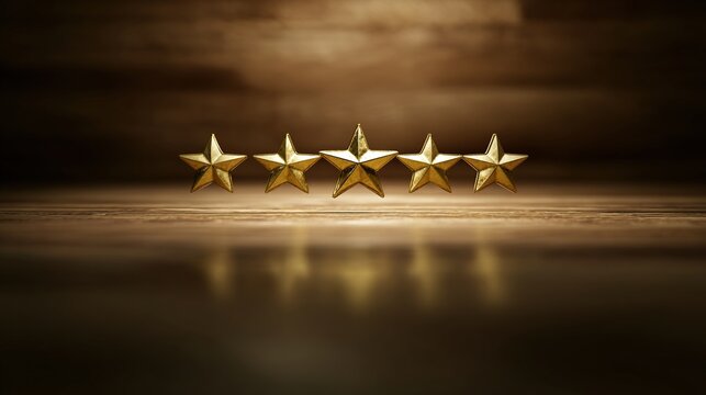 score. Golden five-star rating symbol hovering above a wooden surface, glowing warmly. pitch deck slides, case study pages, designed for enterprise HRIS and productivity software interfaces.