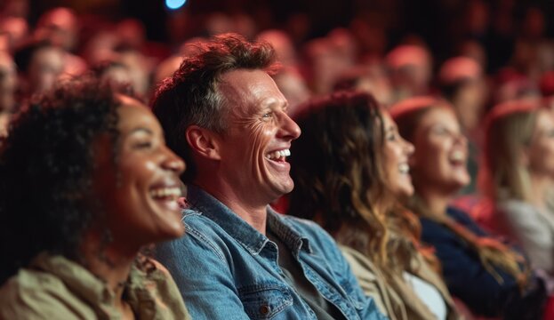Diverse group of people laughing and smiling together at a social or entertainment event, showcasing joy, friendship, and community spirit