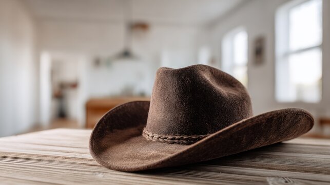 Brown cowboy hat with a leather band on a wooden table in an old country house setting