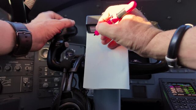 Closeup view of the hands of a caucasian pilot taking notes on a paper about the air traffic control clearance inside a modern jet cockpit.