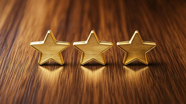 score. Golden five-star rating symbol hovering above a wooden surface, glowing warmly. pitch deck slides, case study pages, designed for enterprise HRIS and productivity software interfaces.