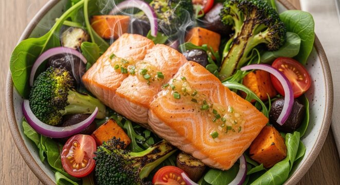 A vibrant salad featuring a large piece of salmon, roasted sweet potatoes, and saut&eacute;ed broccoli, all garnished with fresh herbs and a drizzle of olive oil.