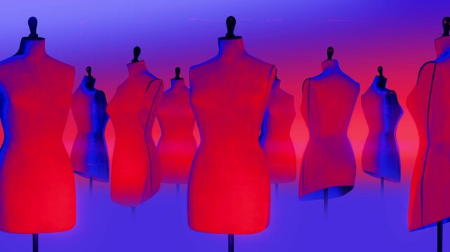 A group of faceless mannequins spinning on an endless loop in a stop motion style.

