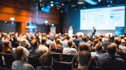Fototapeta premium Business conference session with audience listening to presentation and large screen display in modern conference room