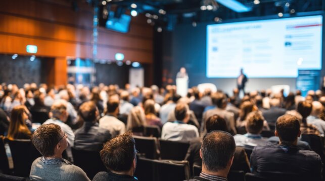 Business conference session with audience listening to presentation and large screen display in modern conference room