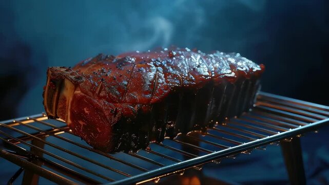 A mouth-watering shot of grilled spare ribs with a smoky glaze.