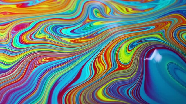 Slow motion macro pan of colorful liquid paint swirls flowing and mixing over glossy undulating surface in studio tabletop setting
