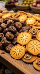 Fototapeta premium Dried fruits piled high on a market stall, close-up