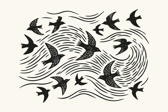 Linocut Style Illustration of Flying Birds