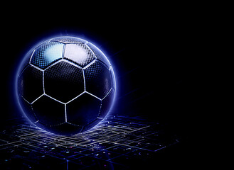 Fototapeta premium Glowing modern soccer ball with a subtle energy effect on a dark background with grid pattern