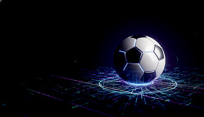 Fototapeta premium Modern soccer ball with subtle energy effect glowing in dark background with blue lines