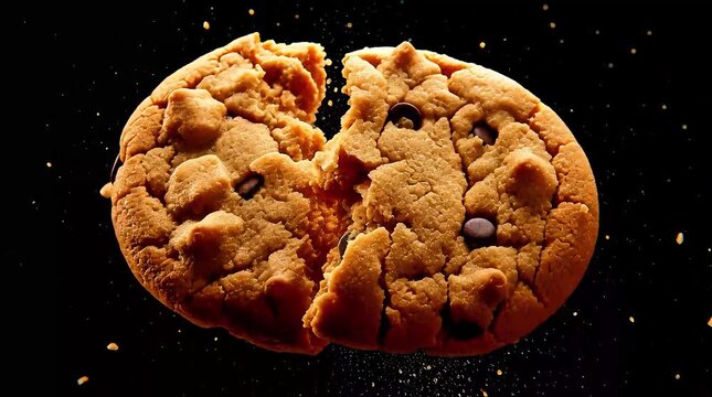 Chocolate Chip Cookie Breaking Apart with Crumbs Flying on Black Background Slow Motion