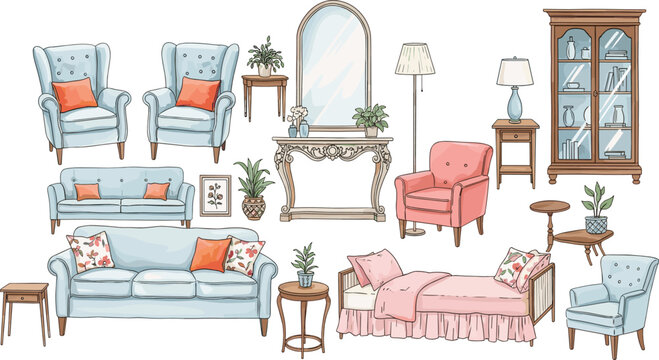 Classic home furniture vector set featuring sofas wingback chairs console table and wood hutch in a hand-drawn flat style for interior design.