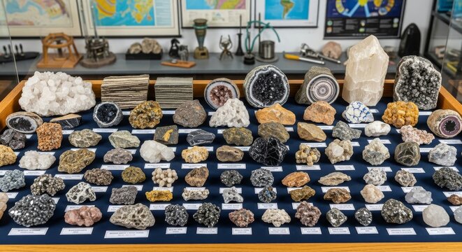 Diverse Collection of Rocks and Mineral Specimens on Display