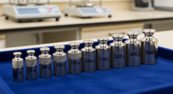 Calibrated Laboratory Weights Lined Up For Measurement