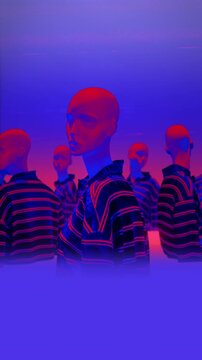 A group of faceless mannequins spinning on an endless loop in a stop motion style.
