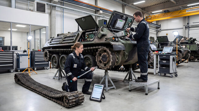 Engineers performing maintenance and repair on infantry fighting vehicle