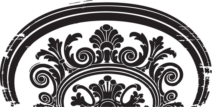 Elegant black silhouette of ornate Baroque damask pattern in circular frame with acanthus leaf scrolls and floral elements, luxury architectural design