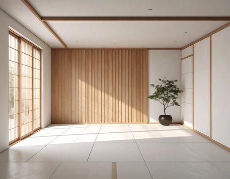 Modern, minimalist interior showcases light wooden accents, white walls, and a tiled floor. Large windows let in sunlight, enhancing the serene space