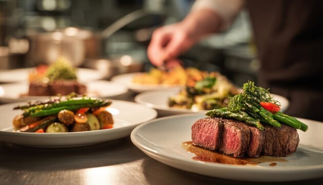 Chef plating a perfectly cooked steak with colorful vegetables on a white plate in a professional kitchen