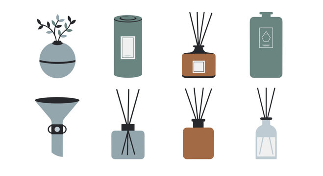 Collection of Essential Oil Diffuser Bottles and Home Fragrance Accessories, Aromatherapy Reed Diffuser Sticks and Scented Room Spray Icons