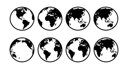 Obraz premium Minimalist world globe icon set, 8 black and white earth vector symbols, global map spheres showing different continents and perspectives