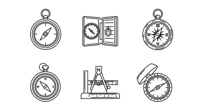 Collection of Nautical Compass and Navigation Tool Line Icons, Vintage Maritime Equipment Symbols for Travel, Adventure, Map Direction and Marine Exploration