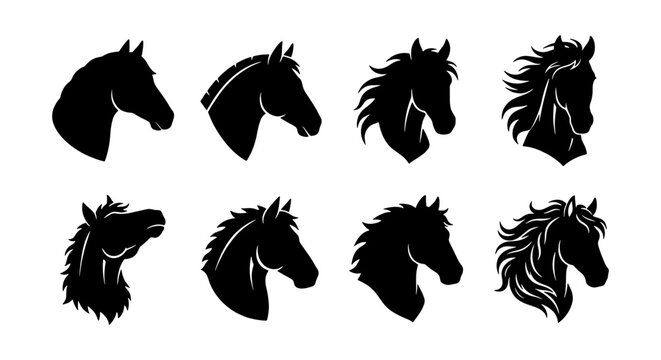 Horse head silhouette vector set, 8 black stallion profile icons, equestrian animal mascot collection, minimalist mustang head graphics for logo design