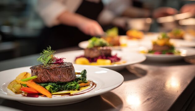 Chef plating gourmet steak with colorful vegetables on white plate in professional kitchen setting