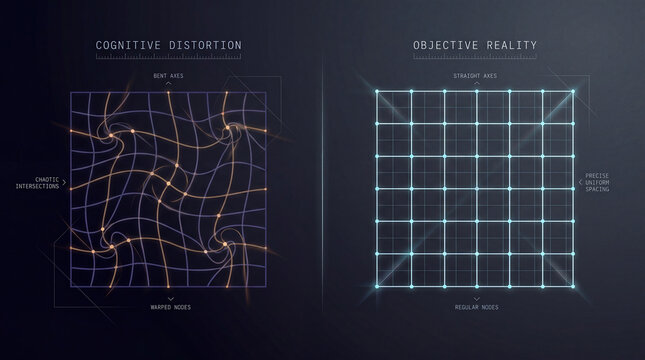 Cognitive distortion and objective reality are shown side by side with a grid representing their differences in a clear way